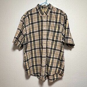 Eddie Bauer Plaid Tan Blue Green‎ Button Up Short Sleeve Men's Size Large